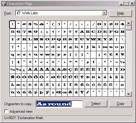 character map using Wide Latin